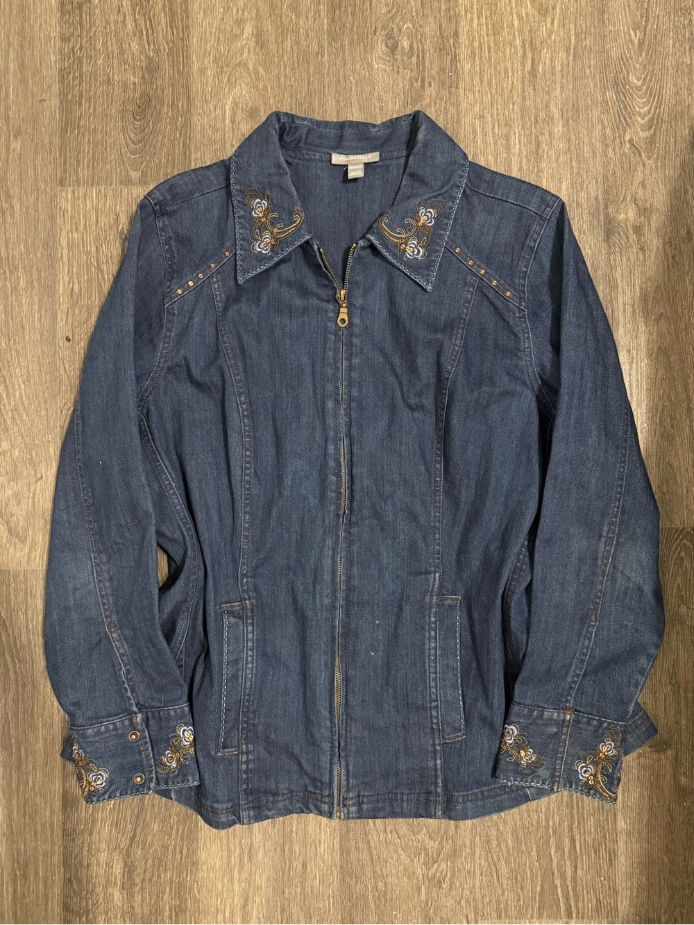 Essentials Dark Blue Denim Jacket with Embroidered Accents